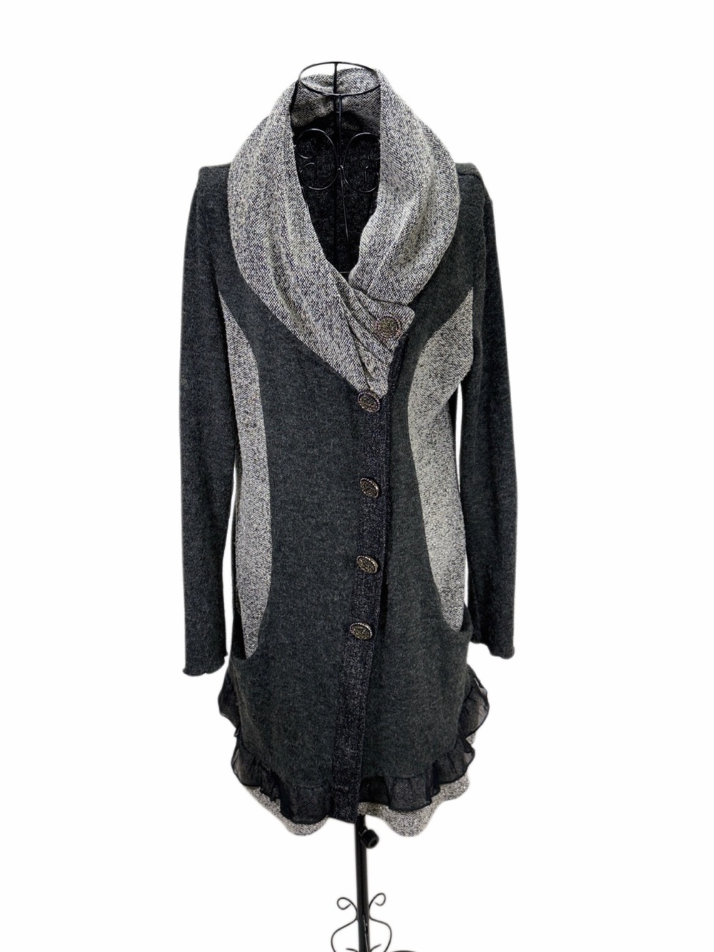The Pyramid Collection L Gray Cowl Neck Tunic Cardigan Lagenlook Ruffle
